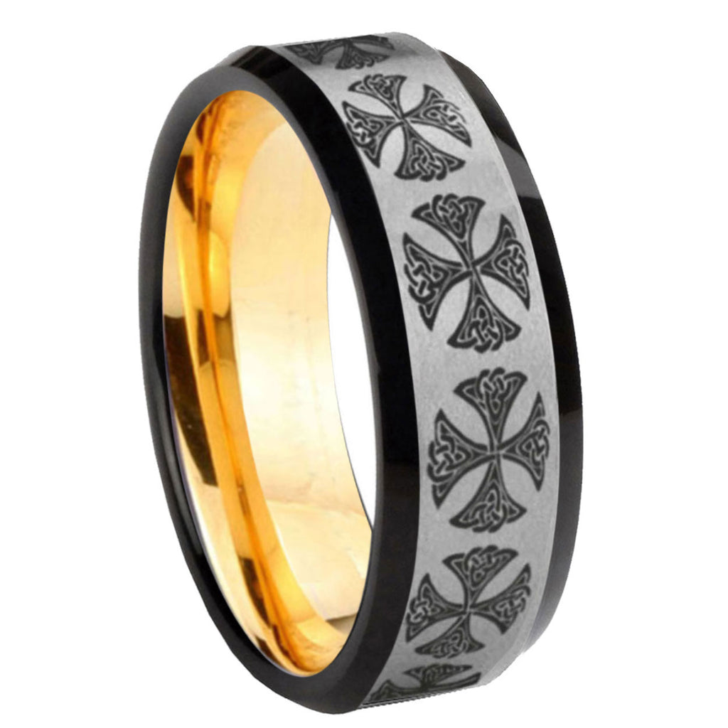 8mm Medieval Cross Beveled Edge Gray Gold Tungsten Mens Band