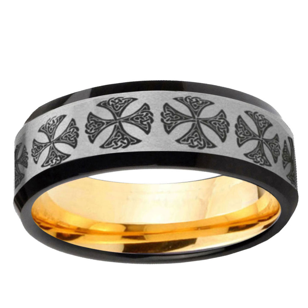 Medieval Cross Beveled Edge Gray Gold Tungsten Mens Band