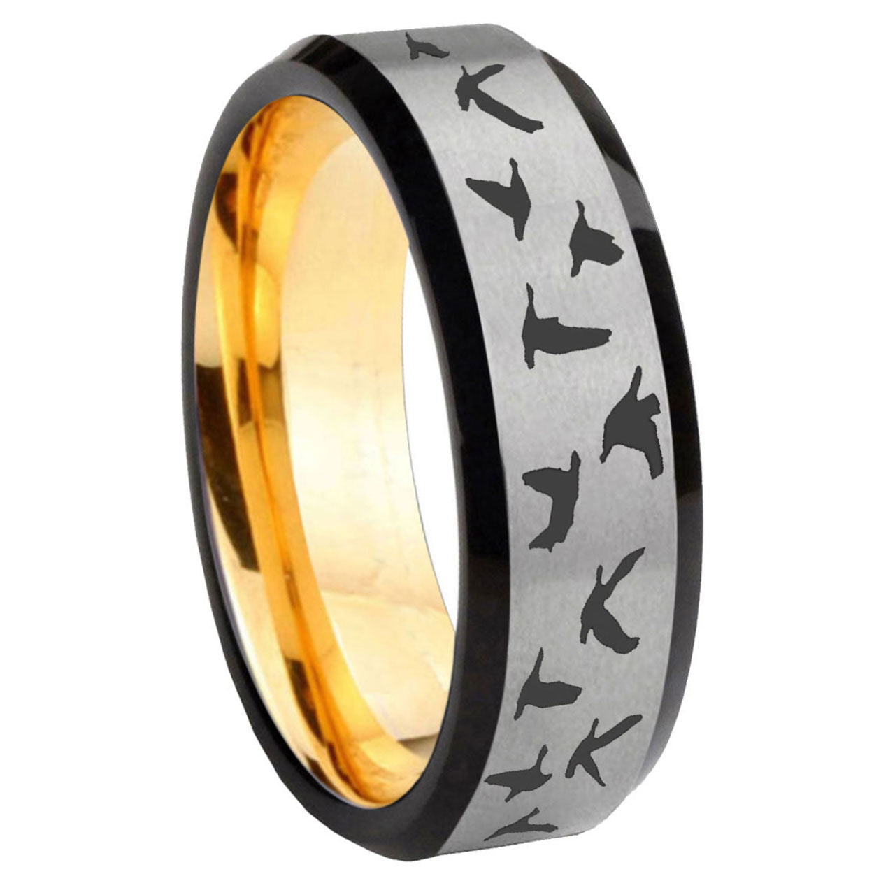 8mm Flying Geese Hunting Beveled Edge Gray Gold Tungsten Ring