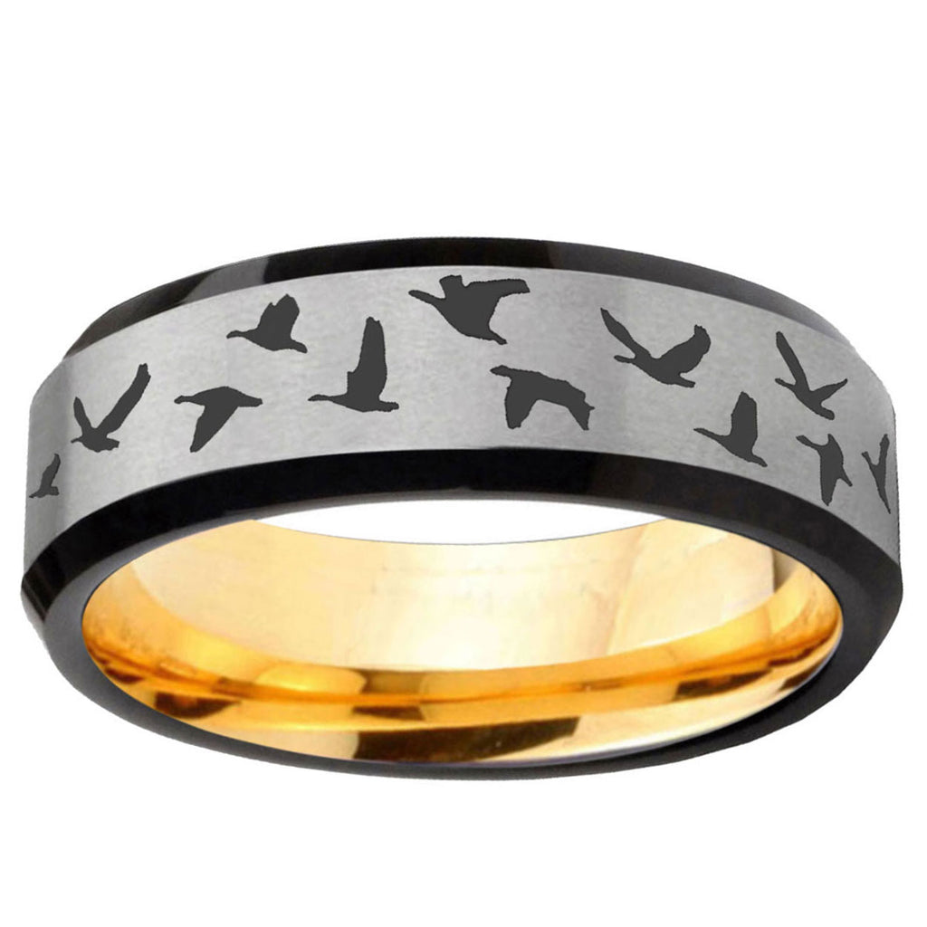 Flying Geese Hunting Beveled Edge Gray Gold Tungsten Ring