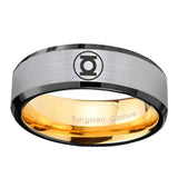 8mm Green Lantern Beveled Edge Gold Silver Tungsten Mens Ring