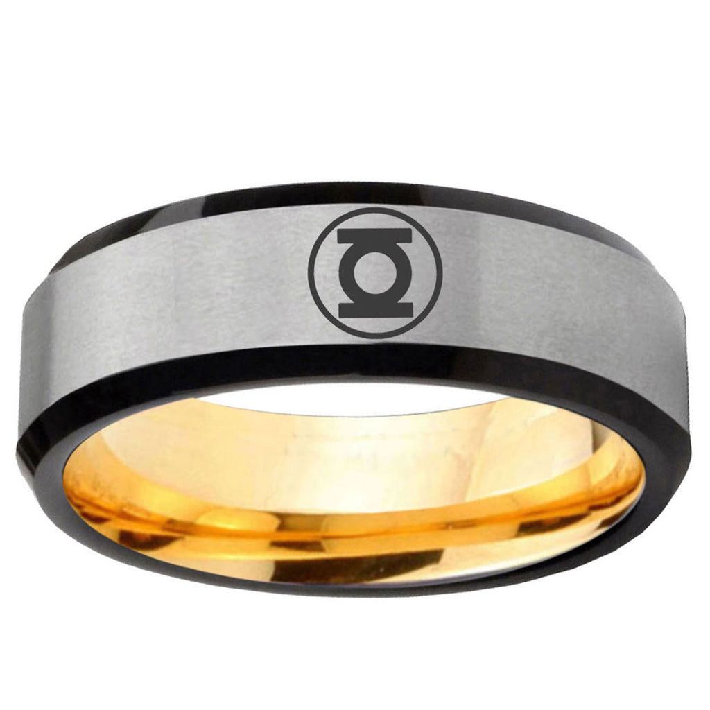Green Lantern Beveled Edge Gold Silver Tungsten Mens Ring