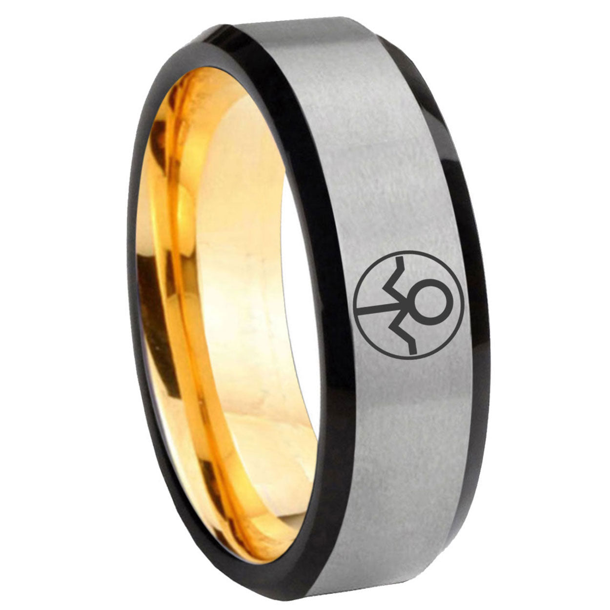 8mm Gray Lantern Beveled Edge Gold Silver Tungsten Steel Ring