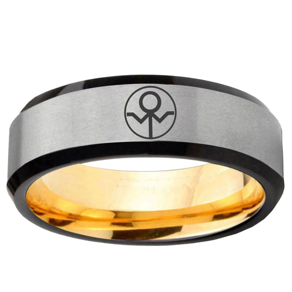 Gray Lantern Beveled Edge Gold Silver Tungsten Steel Ring