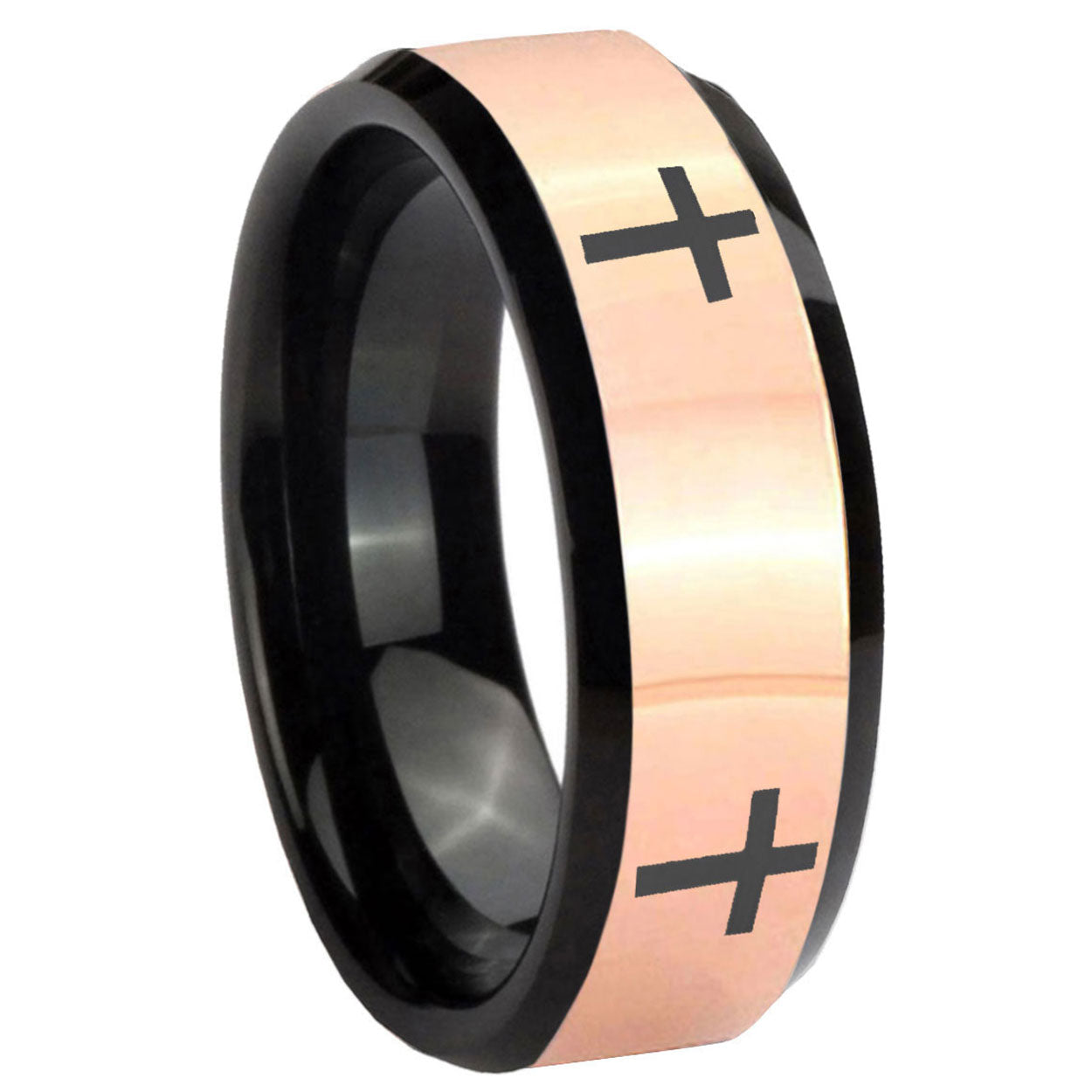 8MM Crosses Rose Gold And Black Bevel Tungsten Custom Ring