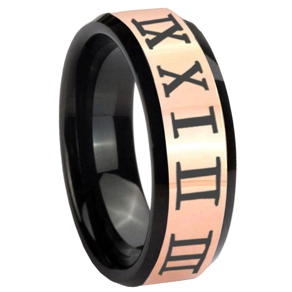8MM Roman Numeral Rose Gold Black Bevel Tungsten Ring For Men