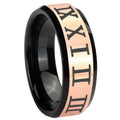 8MM Roman Numeral Rose Gold Black Bevel Tungsten Ring For Men