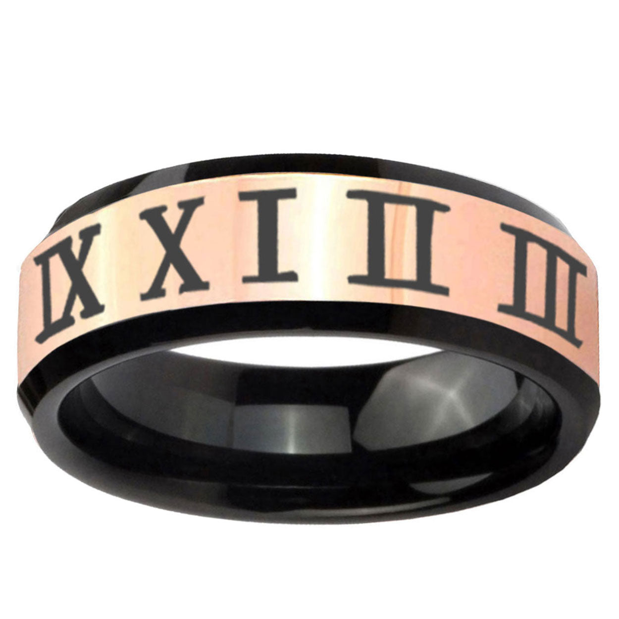 Roman Numeral Rose Gold Black Bevel Tungsten Ring For Men