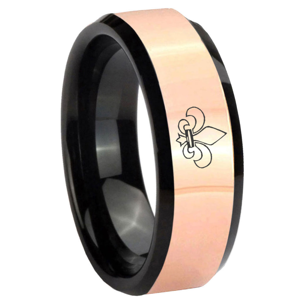 8MM Fleur-De-Lis Rose Gold Black Bevel Tungsten Engraved Ring