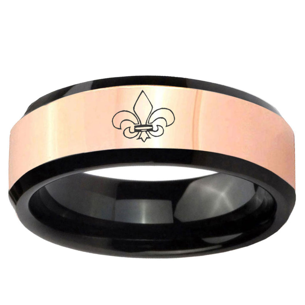 Fleur-De-Lis Rose Gold Black Bevel Tungsten Engraved Ring