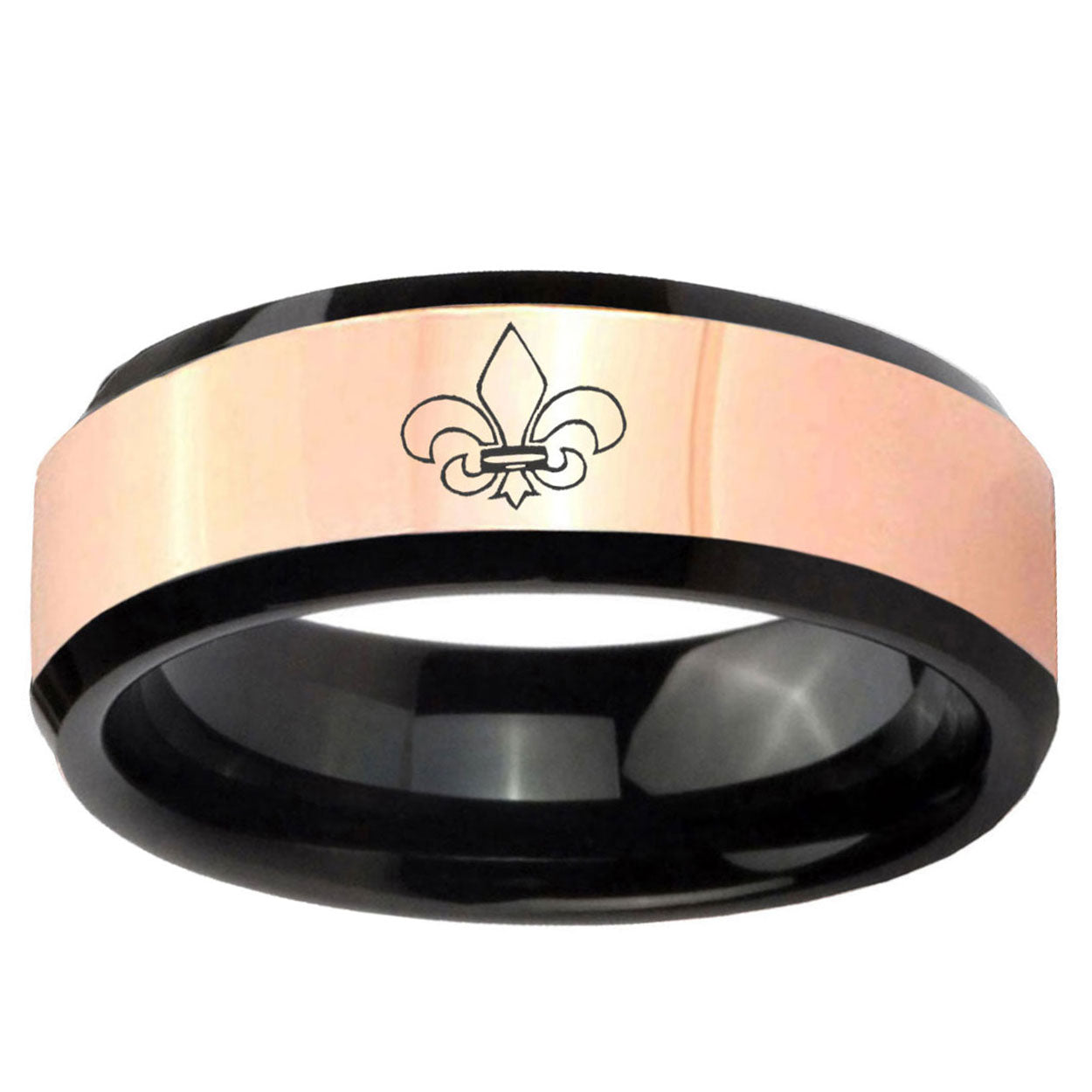 Fleur-De-Lis Rose Gold Black Bevel Tungsten Engraved Ring