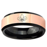 Fleur-De-Lis Rose Gold And Black Beveled Edge Tungsten Carbide Engraved Ring