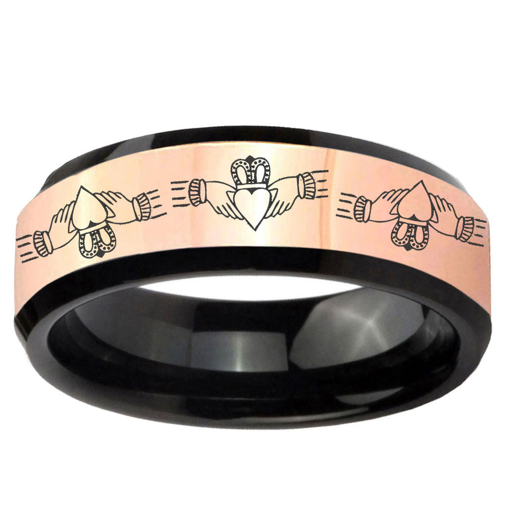 Irish Claddagh Rose Gold Black Bevel Tungsten Engagement Ring