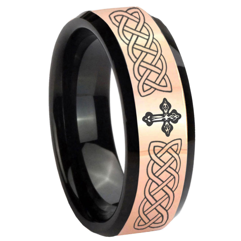 8MM Celtic Cross Rose Gold Black Bevel Tungsten Engraved Ring
