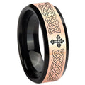 8MM Celtic Cross Rose Gold Black Bevel Tungsten Engraved Ring