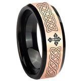 8mm Celtic Cross Rose Gold And Black Beveled Edge Tungsten Carbide Engraved Ring