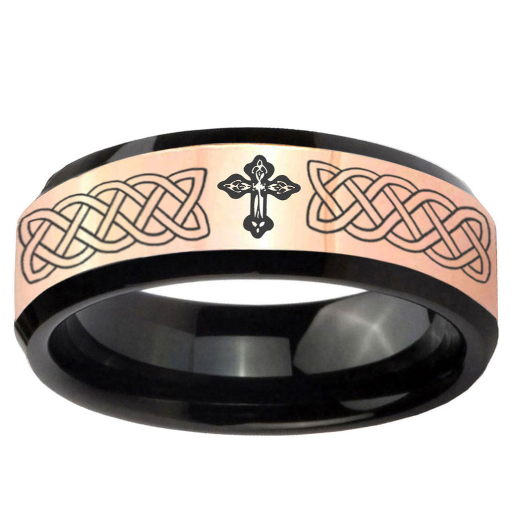 Celtic Cross Rose Gold Black Bevel Tungsten Engraved Ring