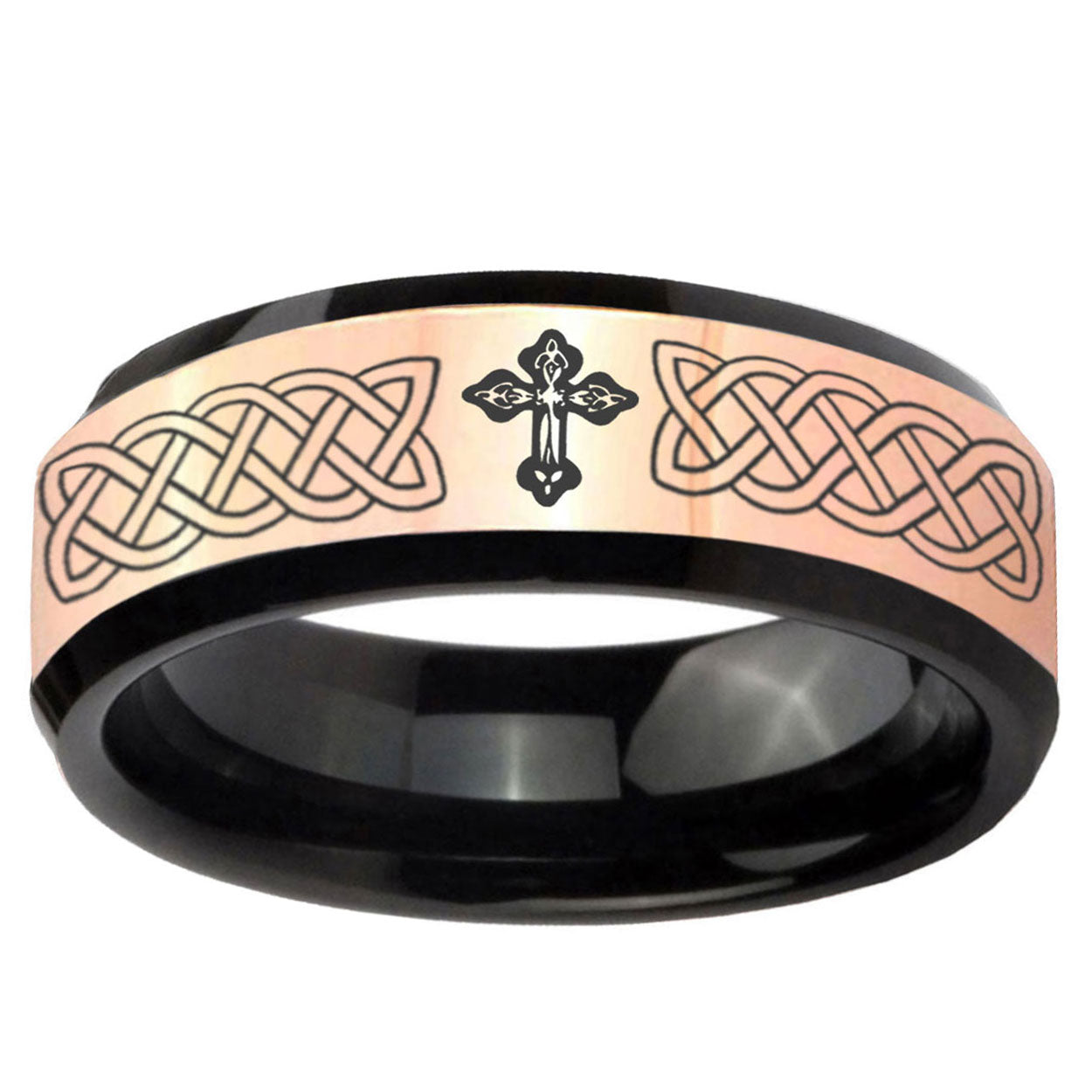 Celtic Cross Rose Gold Black Bevel Tungsten Engraved Ring