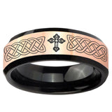 Celtic Cross Rose Gold And Black Beveled Edge Tungsten Carbide Engraved Ring