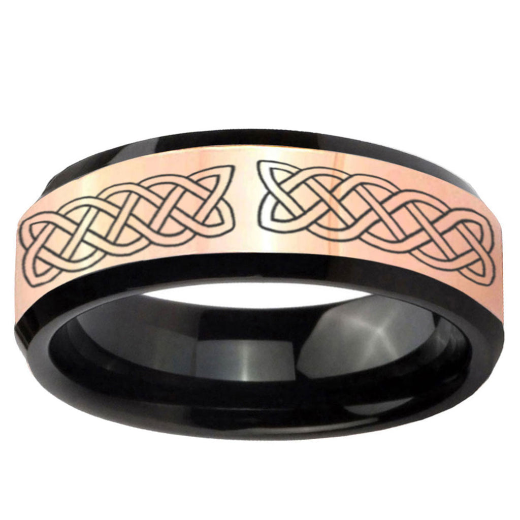 Celtic Knot Rose Gold Black Bevel Tungsten Men Anniversary Ring