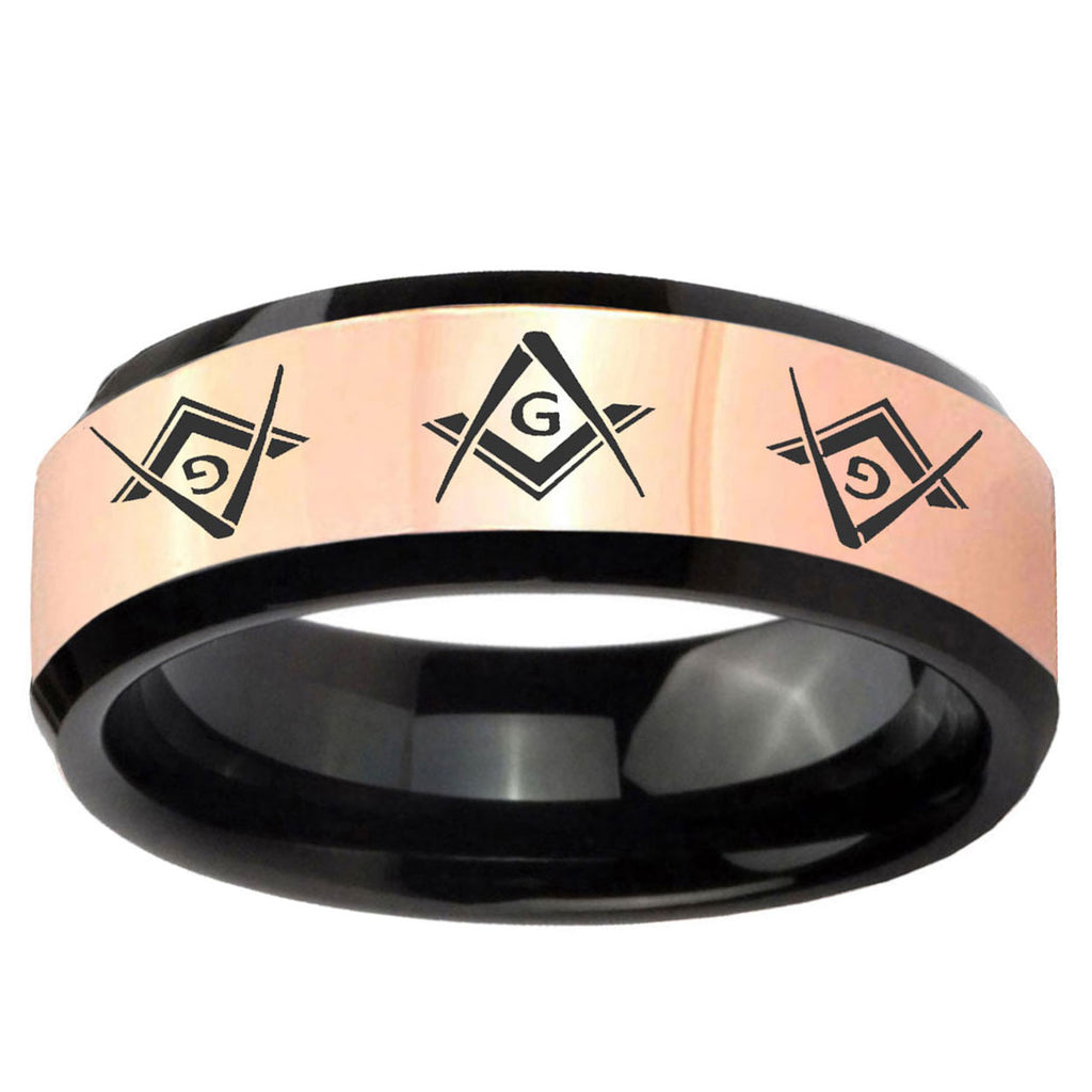Master Mason Masonic Rose Gold Black Bevel Tungsten Ring