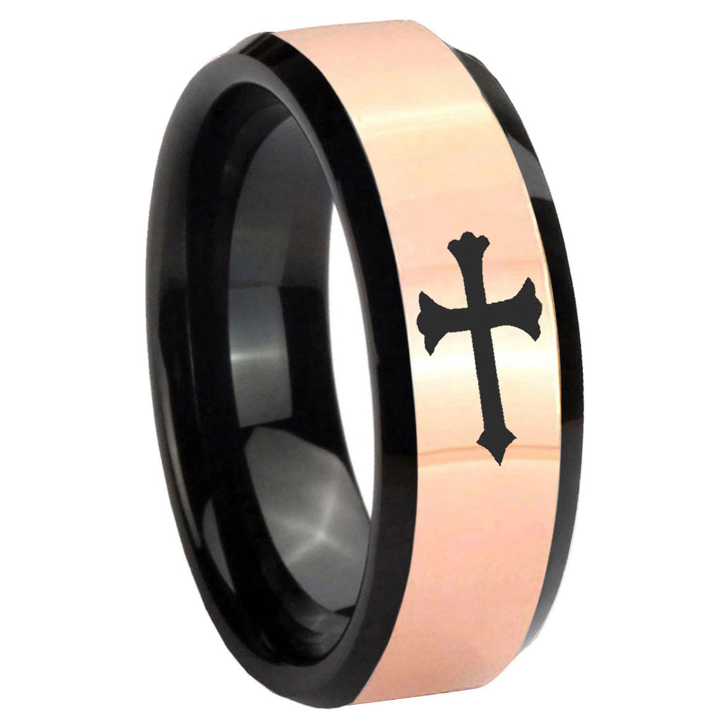 8MM Christian Cross Rose Gold Black Bevel Tungsten Wedding Band