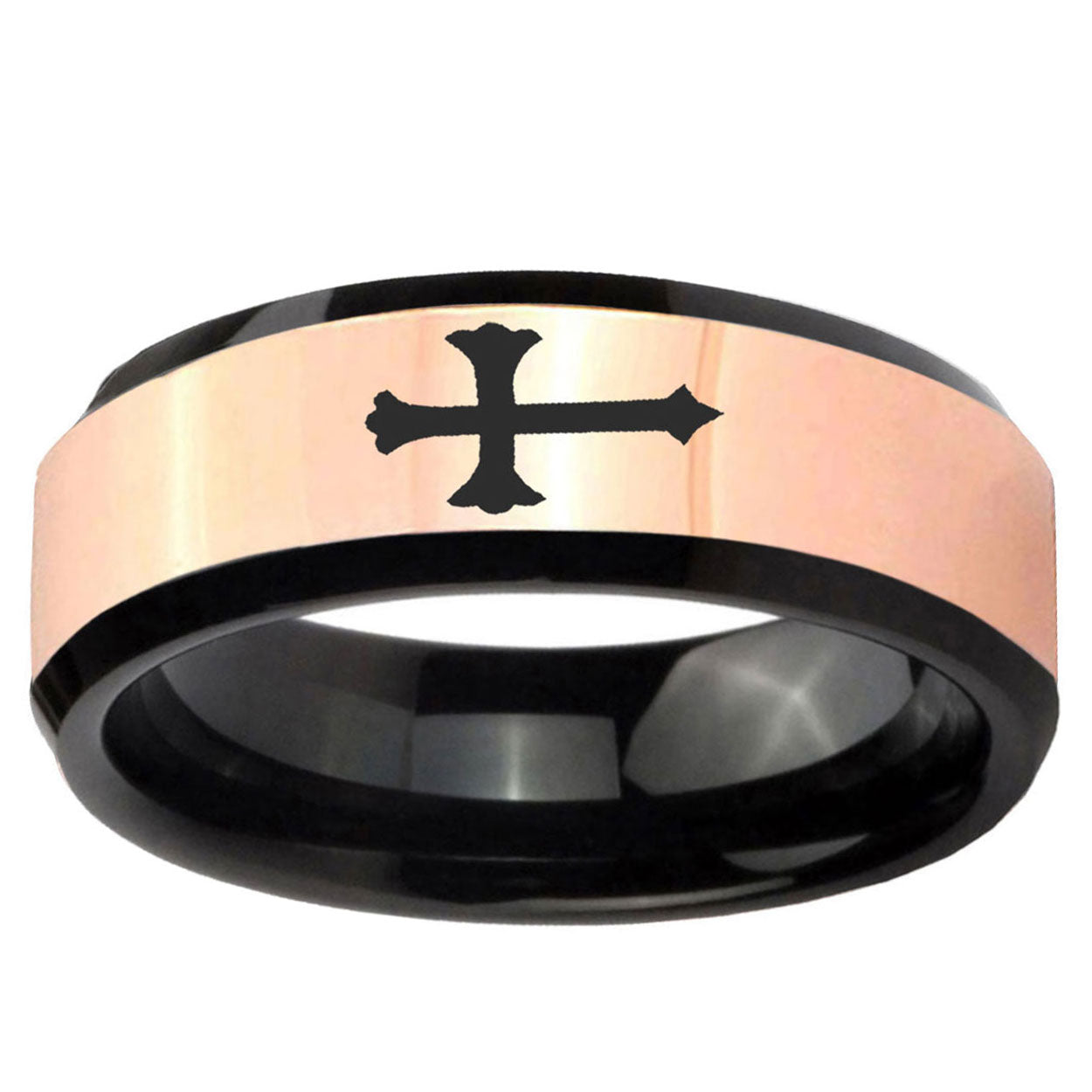 Christian Cross Rose Gold Black Bevel Tungsten Wedding Band