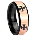 8MM 4 Maltese Cross Rose Gold Black Bevel Tungsten Bands Ring