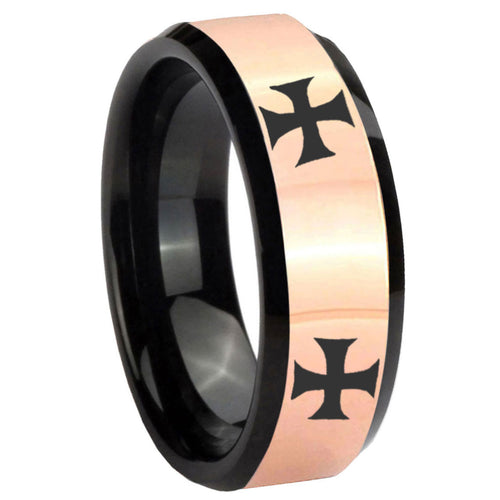 8MM 4 Maltese Cross Rose Gold Black Bevel Tungsten Bands Ring