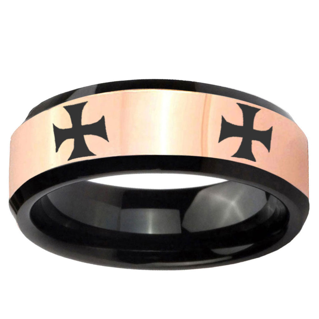 4 Maltese Cross Rose Gold Black Bevel Tungsten Bands Ring