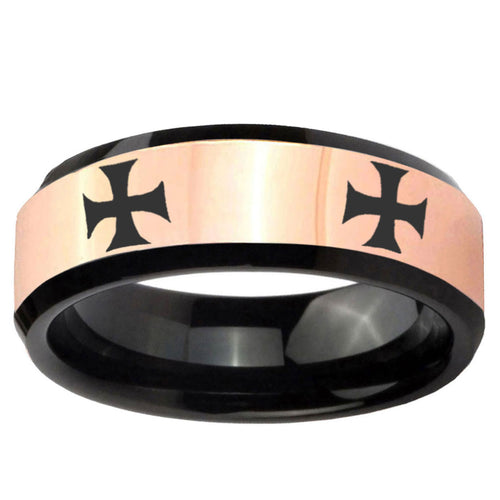 4 Maltese Cross Rose Gold Black Bevel Tungsten Bands Ring