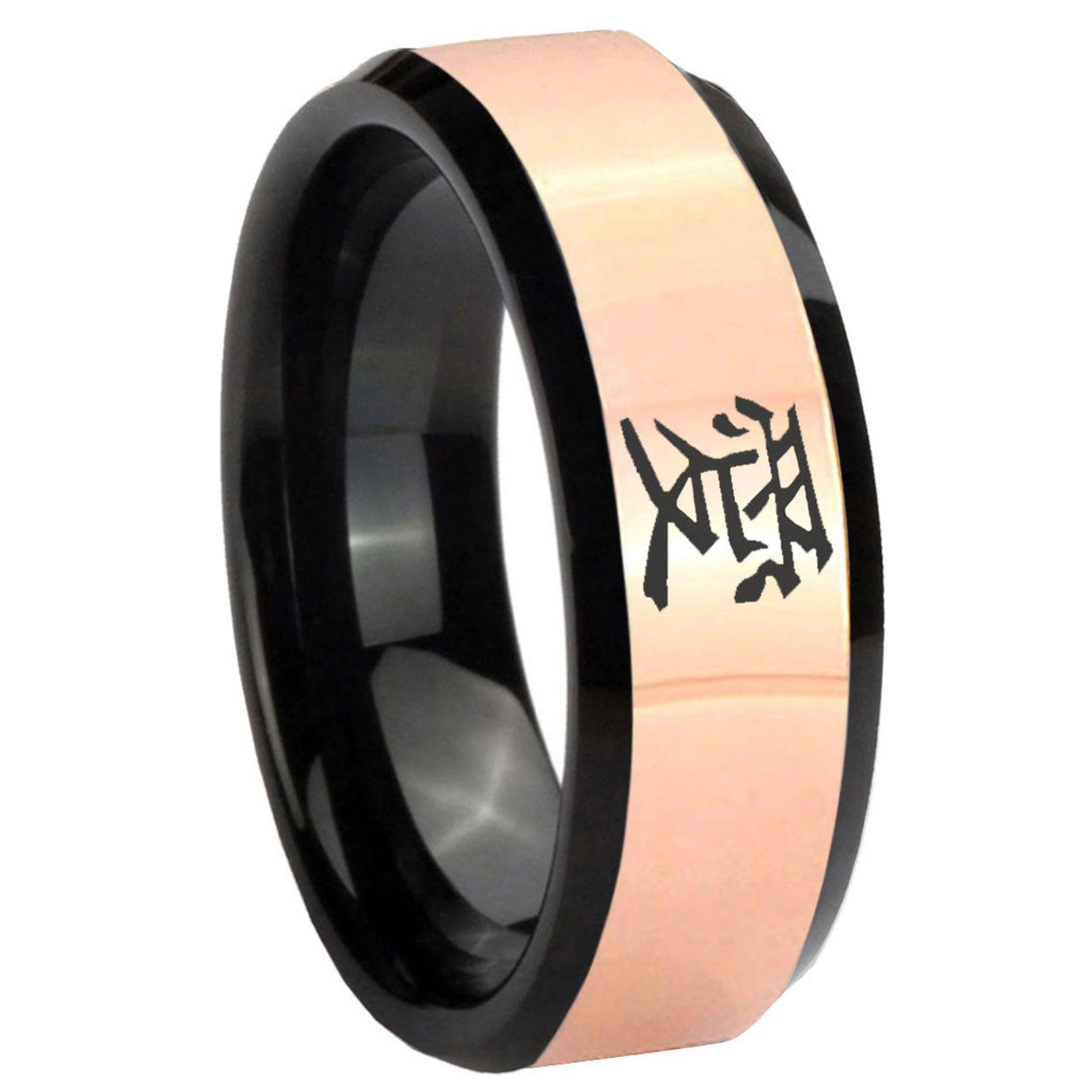 8MM Kanji Love Rose Gold Black Bevel Tungsten Engagement Ring