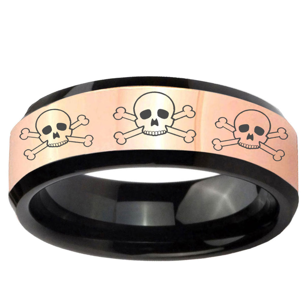 Multiple Skull Rose Gold Black Bevel Tungsten Wedding Ring