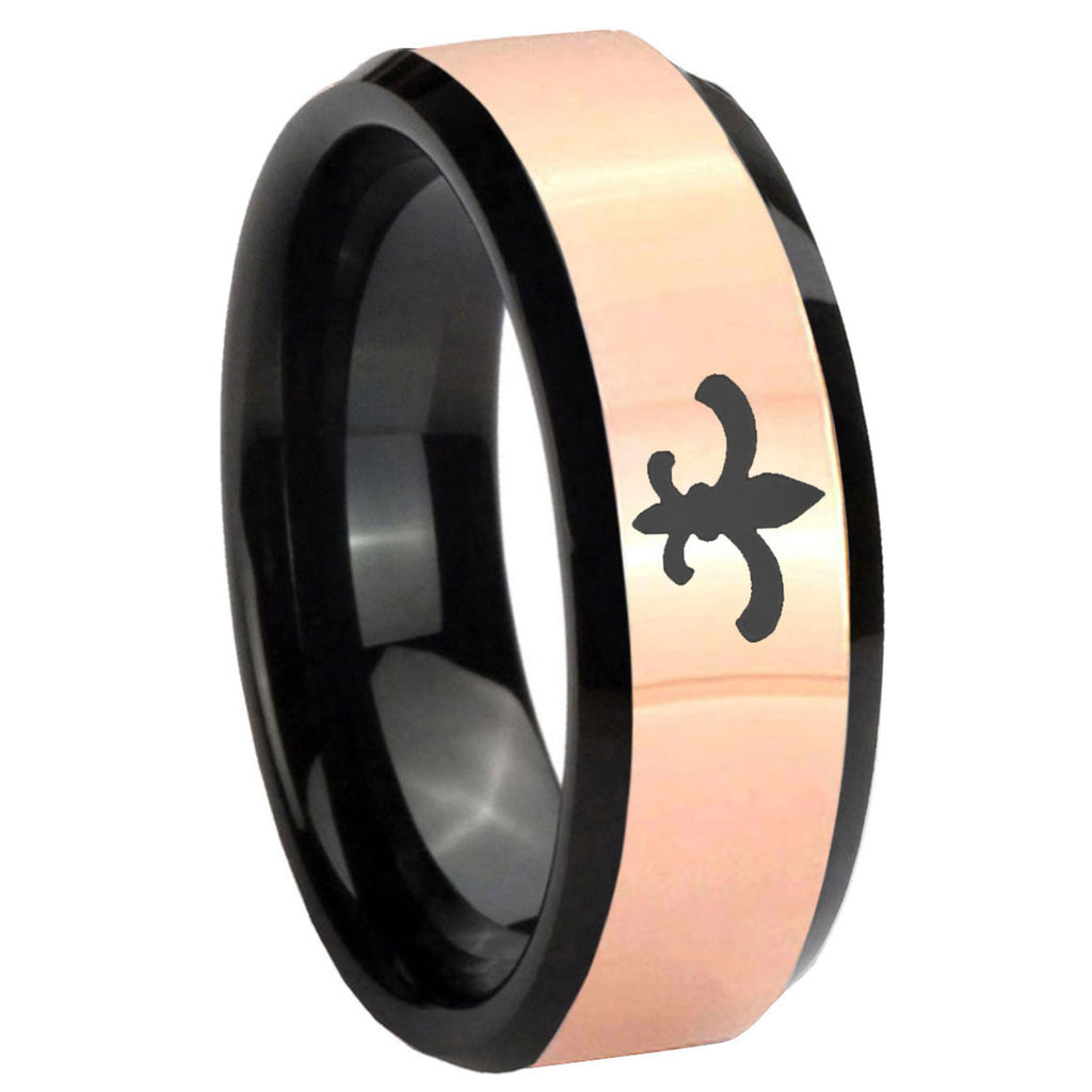 8MM Fleur-De-Lis Rose Gold Black Bevel Tungsten Ring Engraved