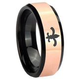 8mm Fleur-De-Lis Rose Gold And Black Beveled Edge Tungsten Carbide Men's Ring Engraved