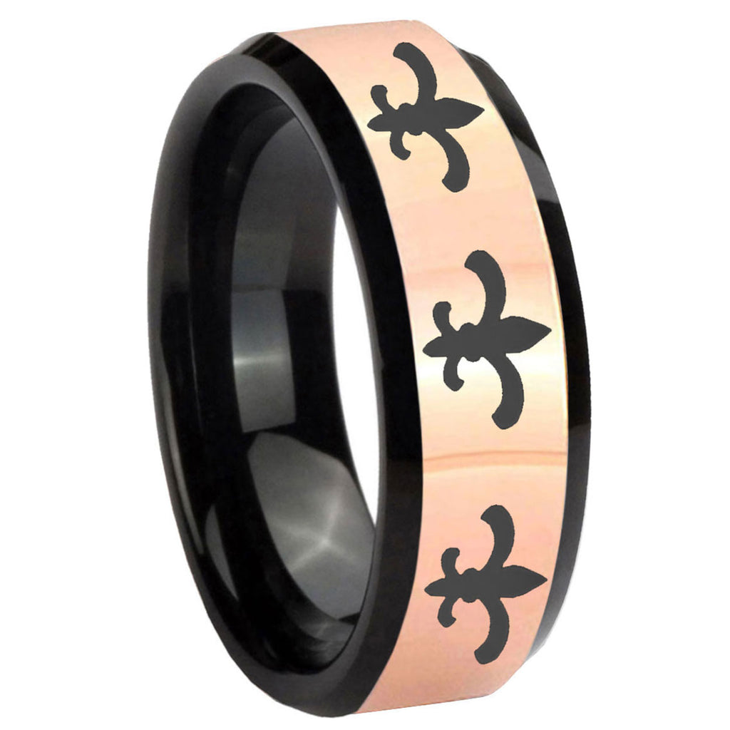 8MM Multiple Fleur-De-Lis Rose Gold Black Bevel Tungsten Ring 