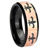 8mm Multiple Fleur-De-Lis Rose Gold And Black Beveled Edge Tungsten Men's Ring Personalized