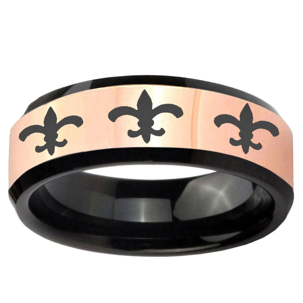 Multiple Fleur-De-Lis Rose Gold Black Bevel Tungsten Ring 