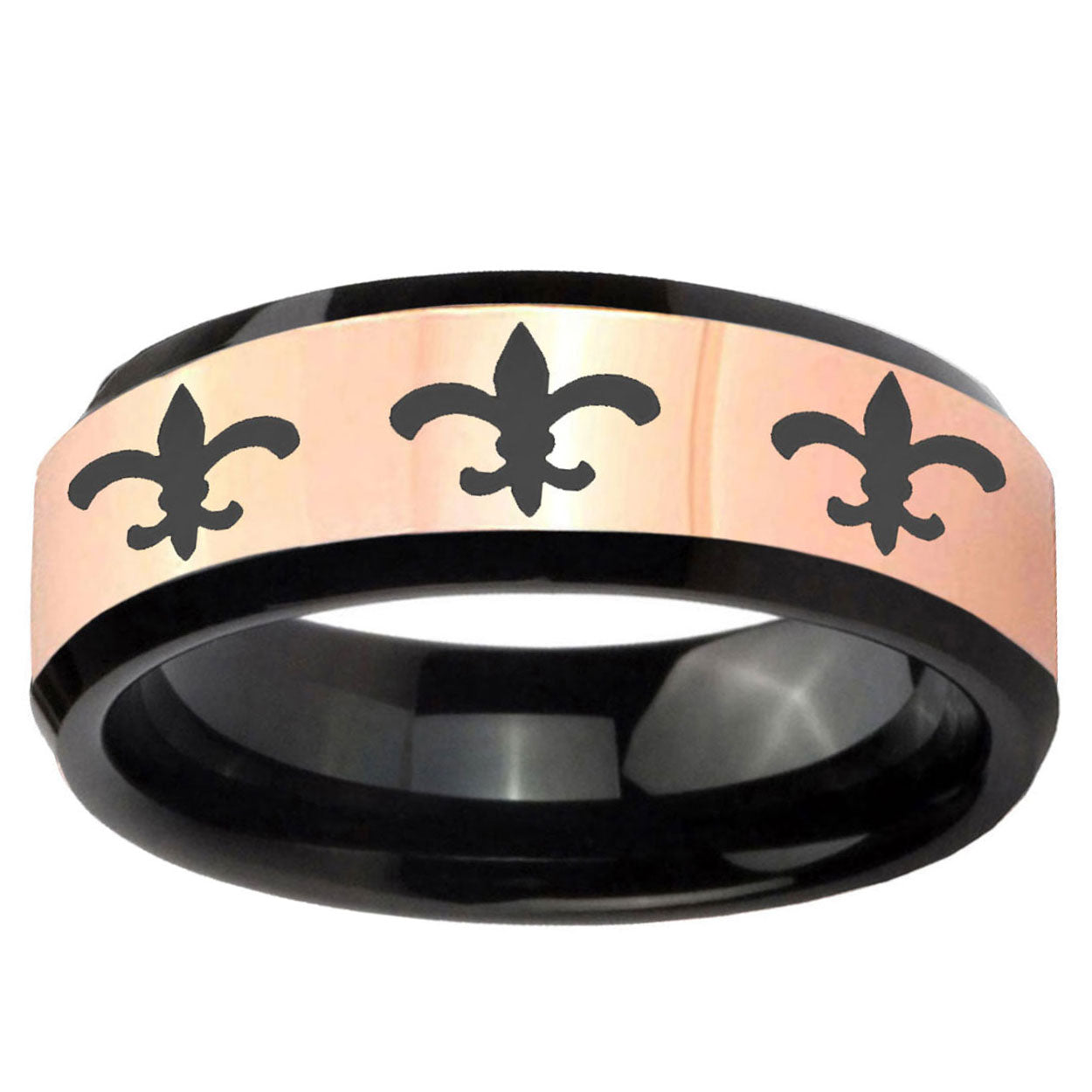 Multiple Fleur-De-Lis Rose Gold Black Bevel Tungsten Ring 