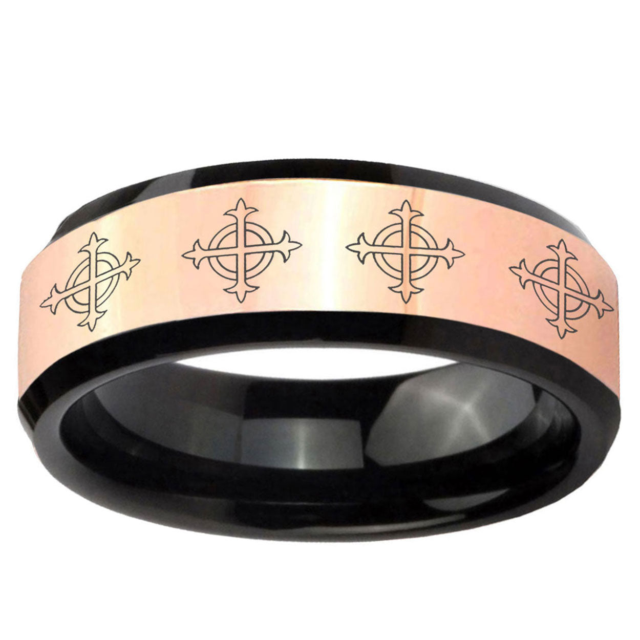 Multiple Crosses Rose Gold Black Bevel Tungsten Mens Band