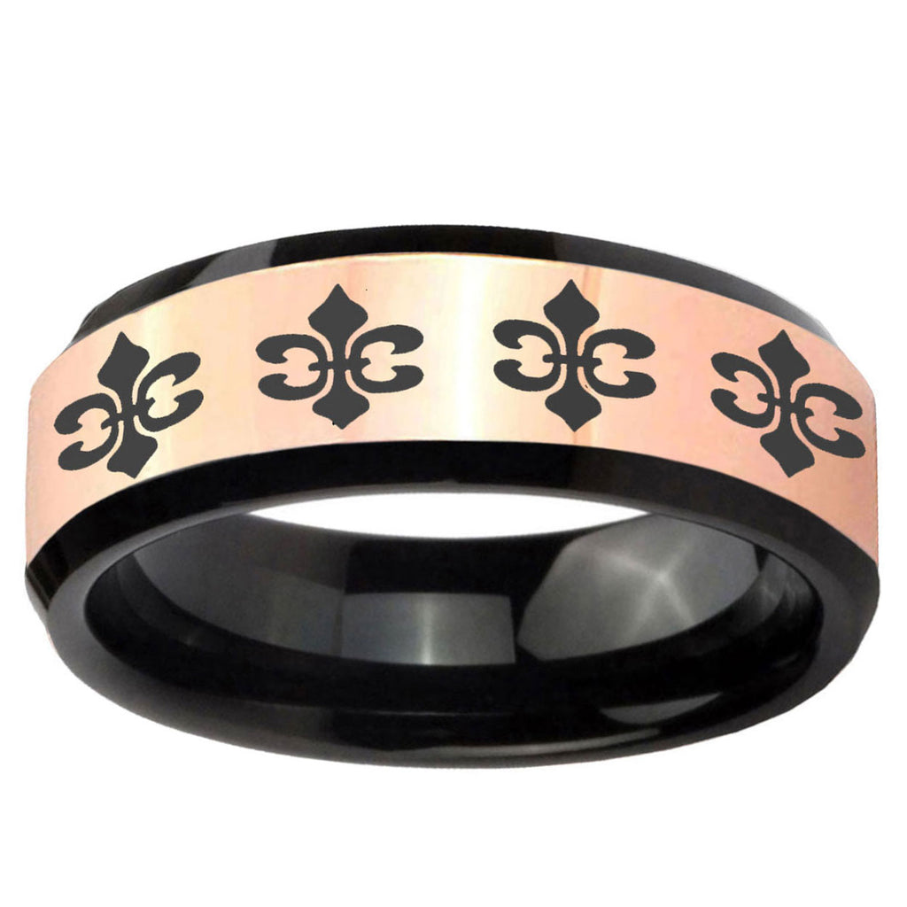Multiple Fleur-De-Lis Rose Gold Black Bevel Tungsten Ring