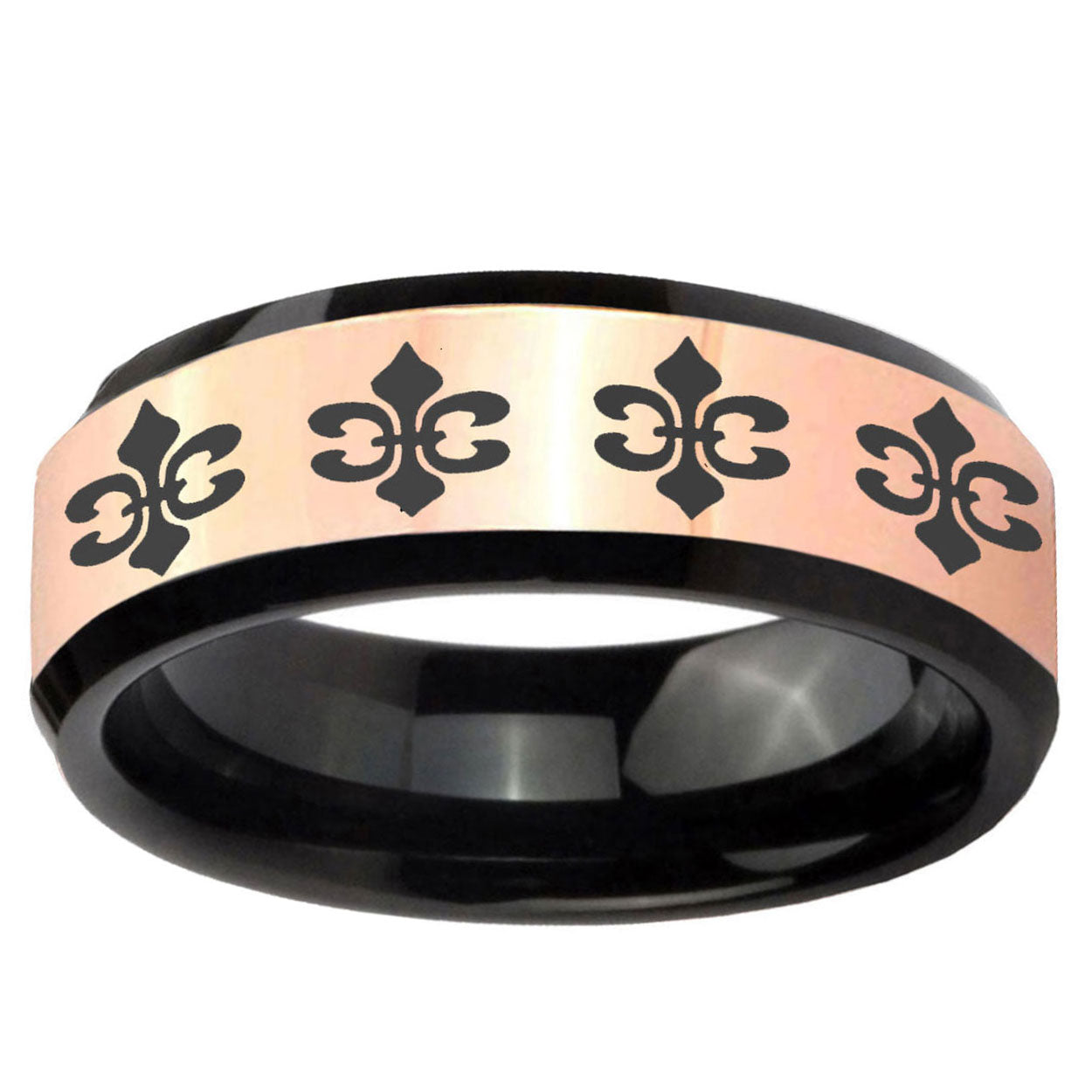 Multiple Fleur-De-Lis Rose Gold Black Bevel Tungsten Ring