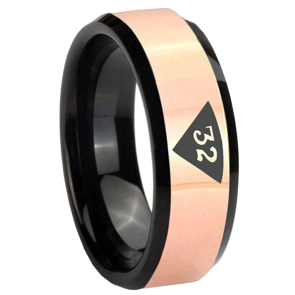8MM Masonic 32 Triangle Design Freemason Rose Gold Black Bevel Tungsten Ring