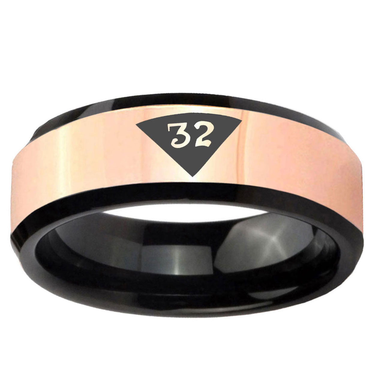 Masonic 32 Triangle Design Freemason Rose Gold Black Bevel Tungsten Ring