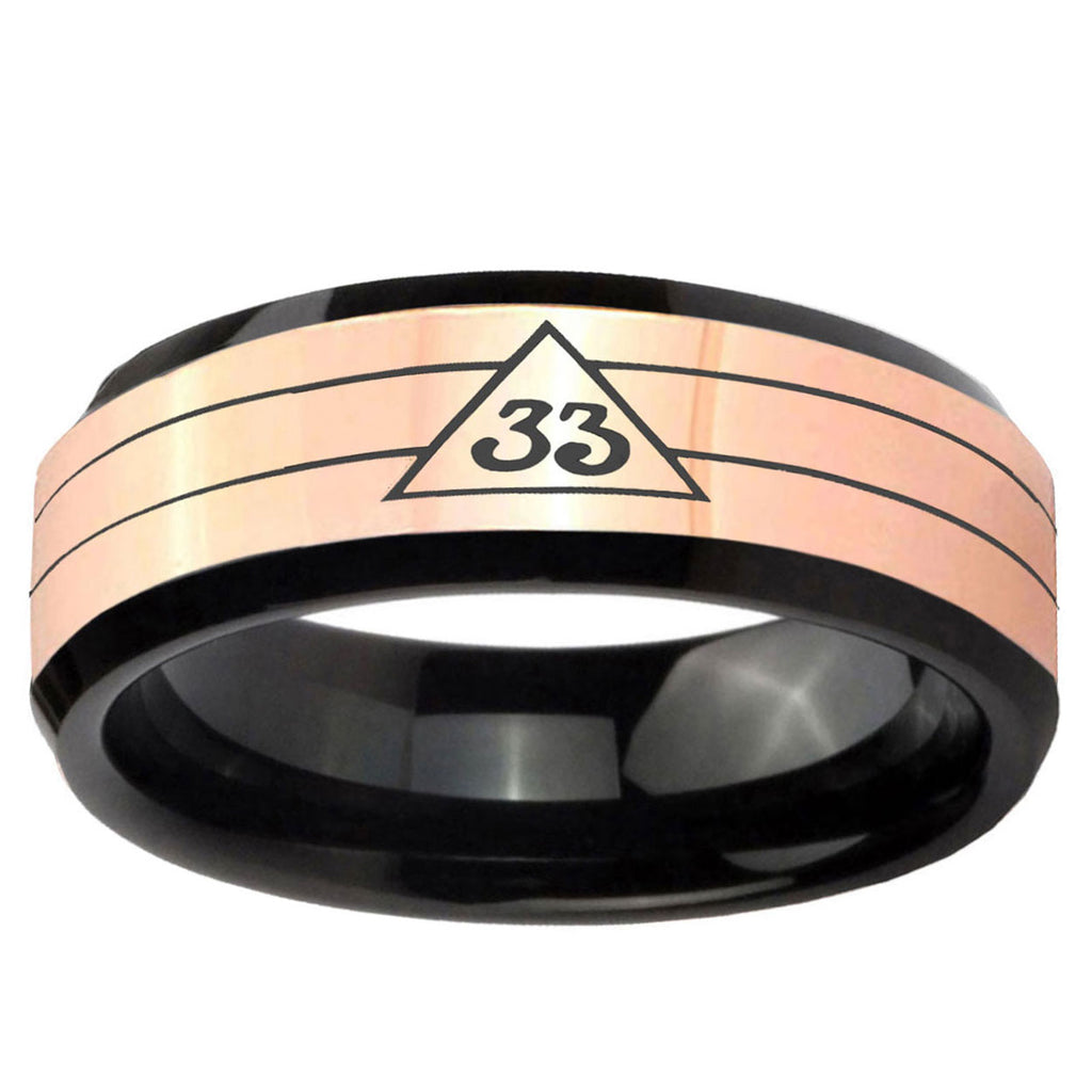 Masonic 32 Duo Line Freemason Rose Gold Black Bevel Tungsten Ring