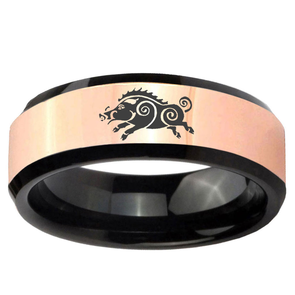 Wild Boar Rose Gold Black Bevel Tungsten Engagement Ring