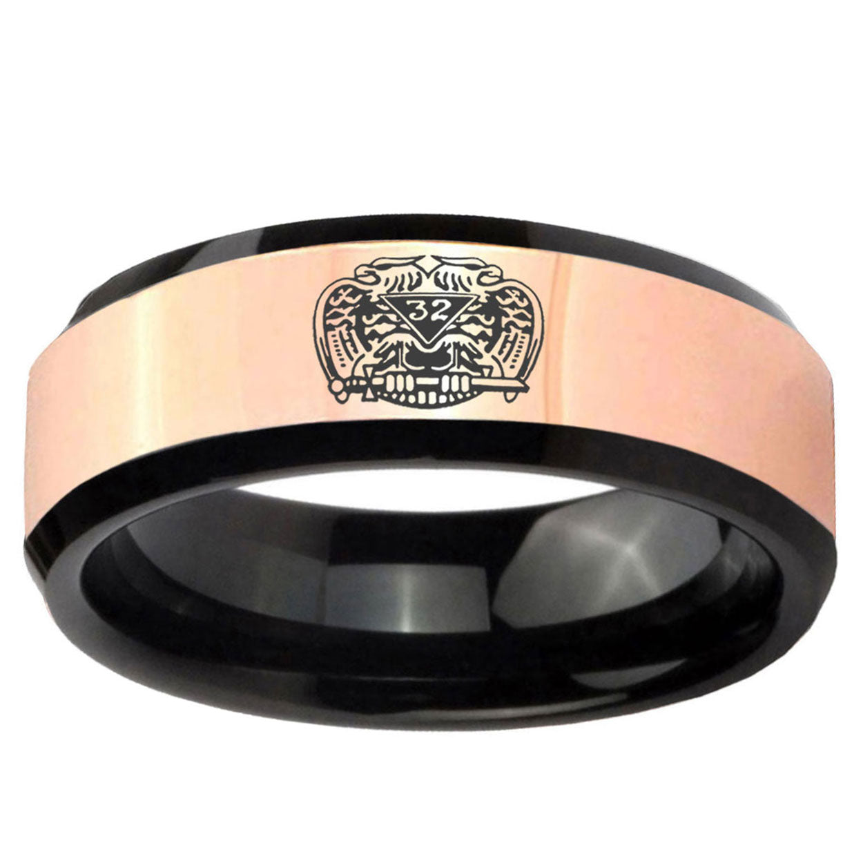 Masonic 32 Degree Freemason Rose Gold Black Bevel Tungsten Ring