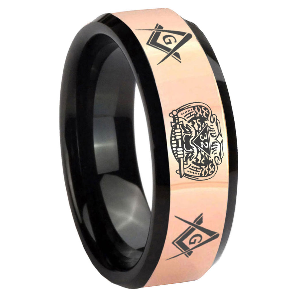 8MM Masonic 32 Design Rose Gold Black Bevel Tungsten Custom Ring