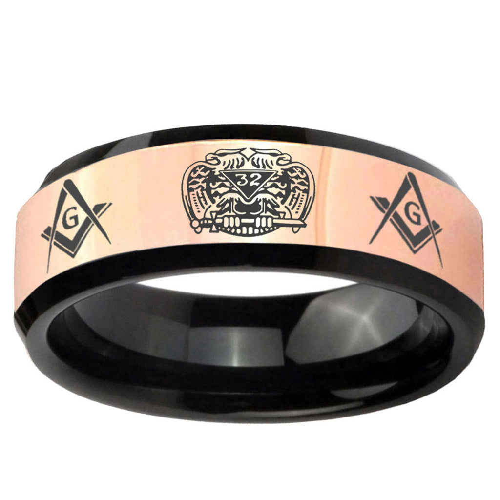Masonic 32 Design Rose Gold Black Bevel Tungsten Custom Ring