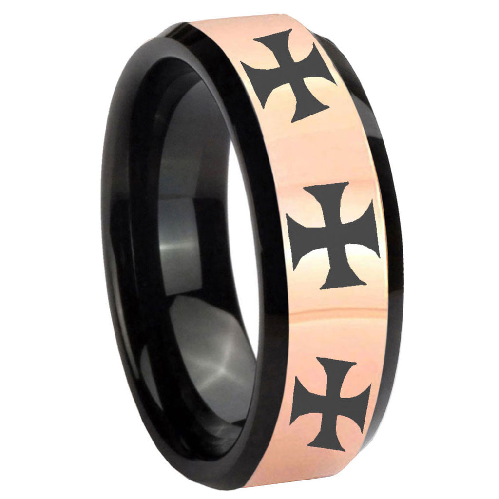 8MM Multiple Maltese Cross Rose Gold Black Bevel Tungsten Ring